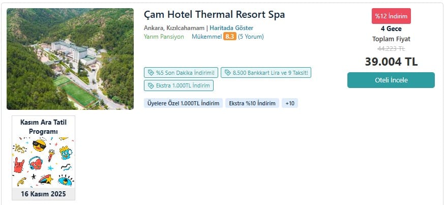 touristica cam hotel thermal kasım ara tatil programı