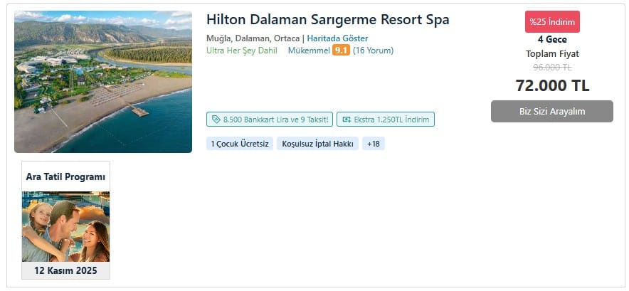 hilton dalaman sarıgerme resort ara tatil programı