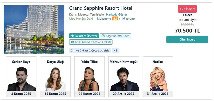 touristica yılbaşı konserleri grand sapphire derya ulug - hadise- yıldız tilbe- mahsun